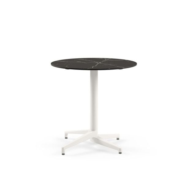 Moon Compact Yuvarlak Masa – 60 cm Beyaz Ayaklı Siyah Mermer Desenli Otel, kafe, restoran, mutfak, balkon, teras ve bahçeler için şık, dayanıklı ve paslanmaz dış mekan masası