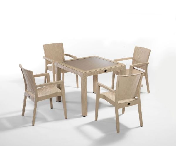 Kapuçino Renkli 4 Kişilik Bahçe Masa Sandalye Takımı 90x90 cm Dikdörtgen Set Açık Alanlar ve Havuz Kenarı İçin Mükemmel