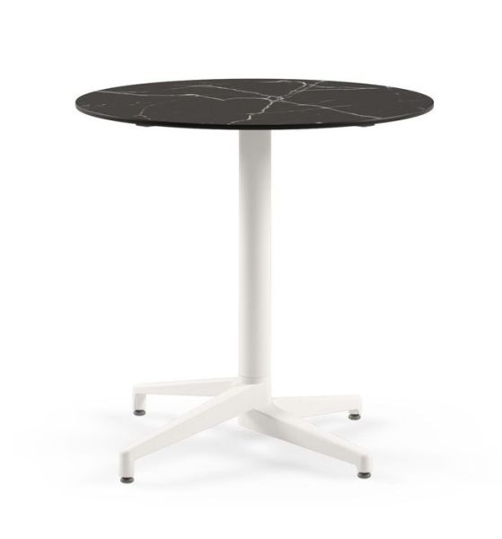Moon Compact Laminat Katlanır Yuvarlak Otel Masası – 77 cm, Beyaz Ayaklı, Siyah Mermer Desenli, Paslanmaz Katlanır Dış Mekan Bahçe Masası