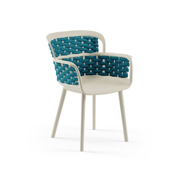 Bej Renk Mavi Örgülü Sandalyeli 4 Kişilik 80x80 cm Sabit Masa Bahçe ve Dış Mekan Masa Sandalye Takımı – Otel, Restaurant, Cafe, Kafe, Kafeterya, Mutfak, Balkon, Teras, Veranda İçin Dayanıklı ve Şık Set