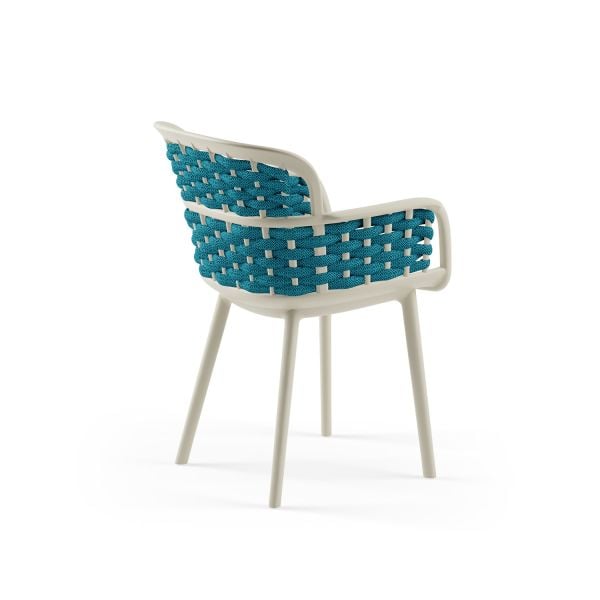 Bej Renk Mavi Örgülü Sandalyeli 4 Kişilik 80x80 cm Sabit Masa Bahçe ve Dış Mekan Masa Sandalye Takımı – Otel, Restaurant, Cafe, Kafe, Kafeterya, Mutfak, Balkon, Teras, Veranda İçin Dayanıklı ve Şık Set