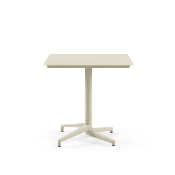 Bej Renk Mavi Örgülü Sandalyeli 4 Kişilik 80x80 cm Sabit Masa Bahçe ve Dış Mekan Masa Sandalye Takımı – Otel, Restaurant, Cafe, Kafe, Kafeterya, Mutfak, Balkon, Teras, Veranda İçin Dayanıklı ve Şık Set