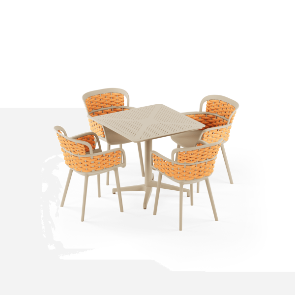 Bej Turuncu Örgülü 4 Kişilik Bahçe Masa Takımı | Dış Mekan Otel, Kafe, Balkon, Teras İçin Sabit Masa Sandalye Seti 80x80 cm