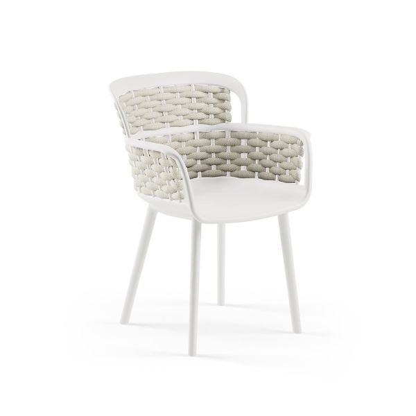 Beyaz Gövde Bej Örgülü Sandalyeli 4 Kişilik Bahçe Masa Takımı 80x80 cm | Dış Mekan, Balkon, Teras, Kafe, Otel, Restaurant Uyumlu Masa Sandalye Seti