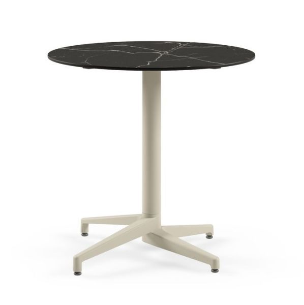 Moon Compact Laminat Katlanır Kafe Restoran Masası – 77 cm Yuvarlak, Bej Ayaklı, Siyah Mermer Desenli, Paslanmaz İç Ve Dış Mekan Bahçe Masası