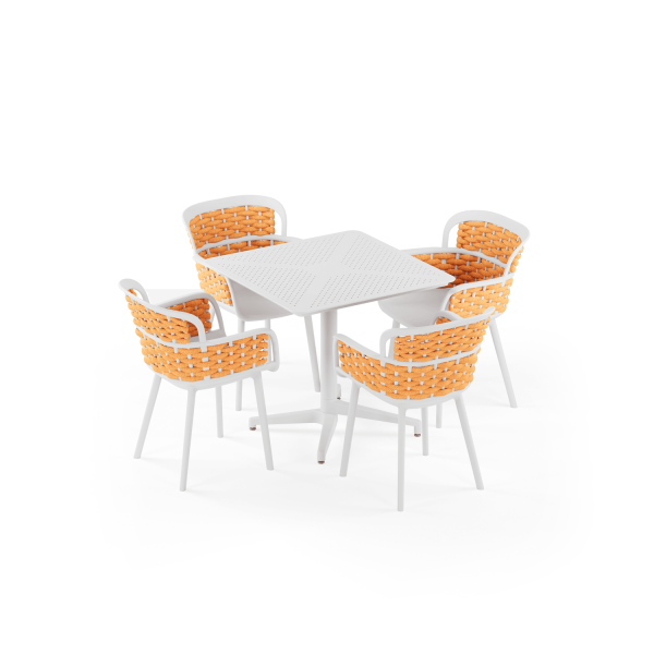 Beyaz Gövde Turuncu Örgülü Sandalyeli 4 Kişilik 80x80 cm Dış Mekan Bahçe Masa Sandalye Takımı – Otel, Restaurant, Cafe, Kafe, Kafeterya, Mutfak, Balkon, Teras
