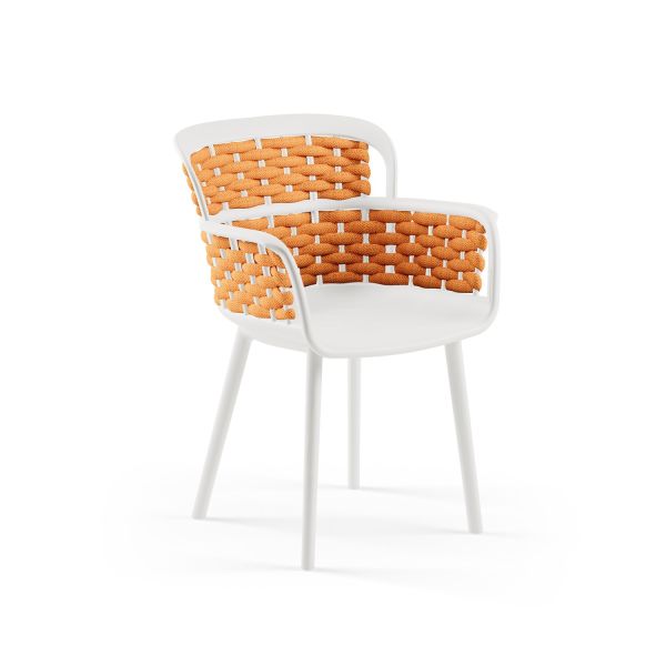 Beyaz Gövde Turuncu Örgülü Sandalyeli 4 Kişilik 80x80 cm Dış Mekan Bahçe Masa Sandalye Takımı – Otel, Restaurant, Cafe, Kafe, Kafeterya, Mutfak, Balkon, Teras