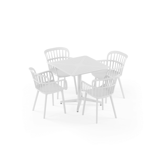 Beyaz 4 Kişilik Bahçe Masa Sandalye Takımı | 80x80cm Sabit Dış Mekan Masa | Cafe, Balkon, Teras, Otel, Restoran İçin Plastik Paslanmaz Set