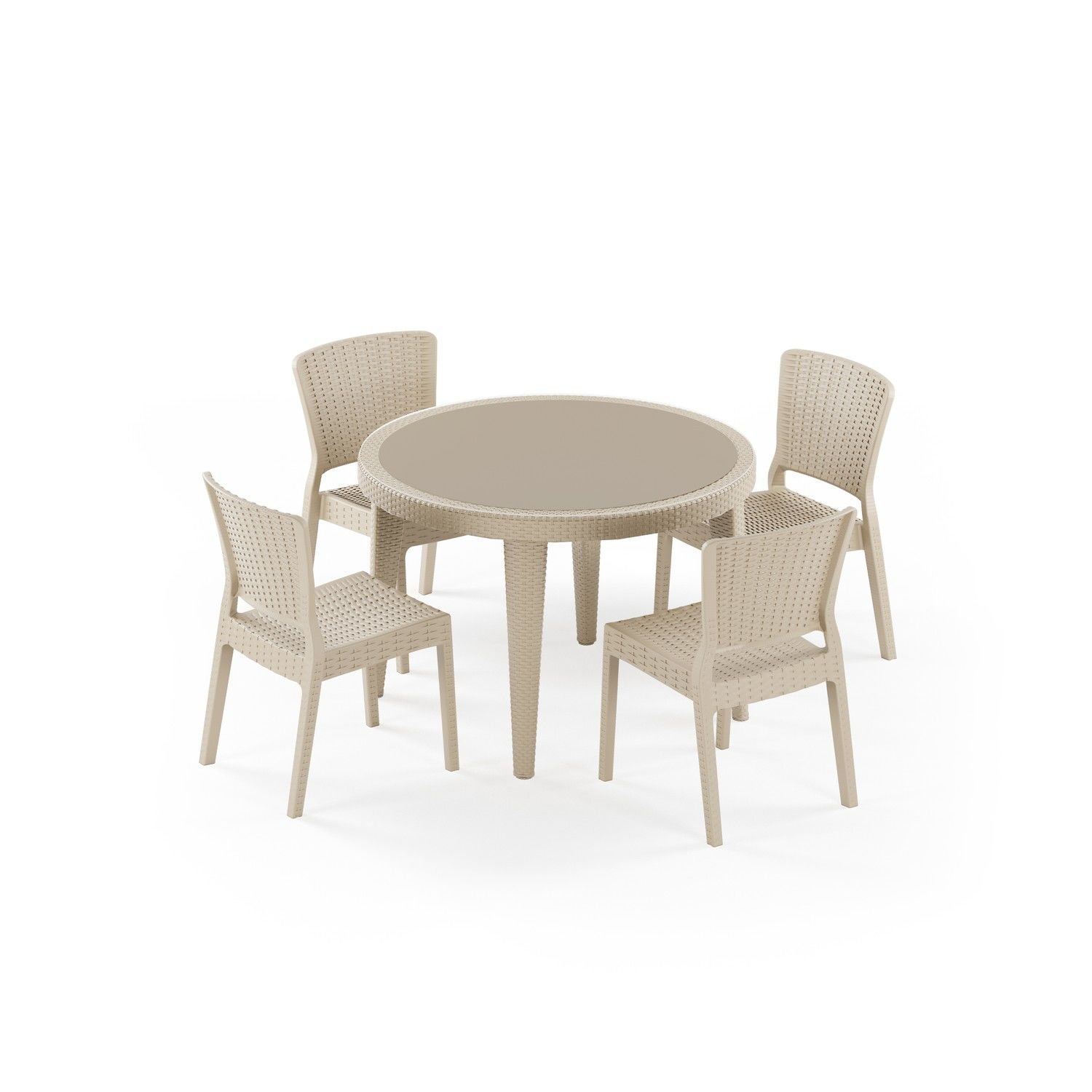 Bej 110 cm Yuvarlak Dış Mekan Bahçe Masa Sandalye Takımı