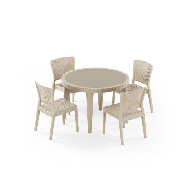 Bej 110 cm Yuvarlak Dış Mekan Bahçe Masa Sandalye Takımı