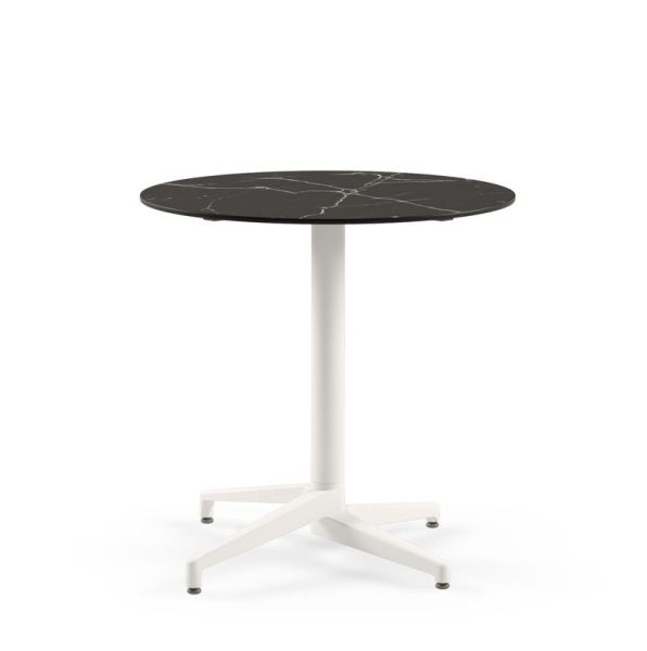 Compact Laminat Katlanır Otel Bahçe Masası 70 cm Yuvarlak Beyaz Ayaklı Siyah Mermer Desenli Paslanmaz Dış Mekan Masa - TSE Belgeli, Dayanıklı ve Pratik