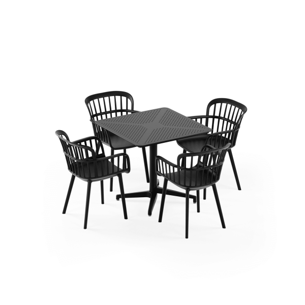 Siyah Katlanır Dış Mekan Bahçe Masa Sandalye Takımı 4 Kişilik 80x80 cm – Otel, Restoran, Kafe, Balkon ve Teras İçin Dayanıklı Set