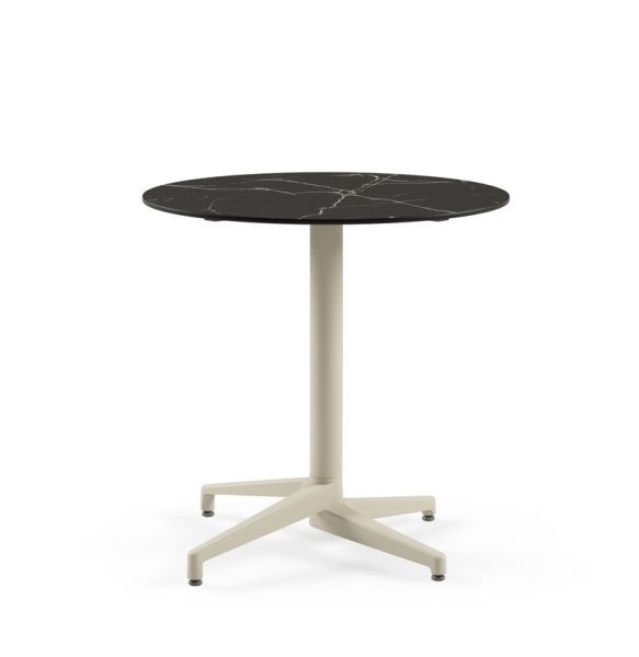 Compact Laminat Katlanır Cafe Restoran Masası – 70 cm Yuvarlak Bej Ayaklı, Siyah Mermer Desenli, Paslanmaz Dış Mekan Bahçe Masası