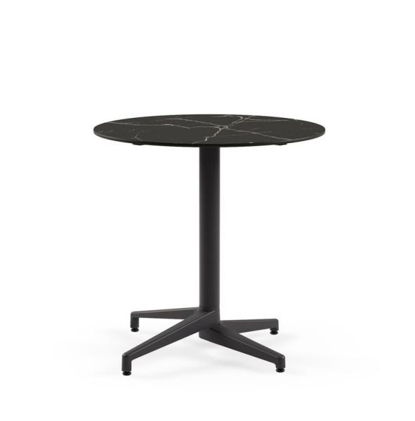 Compact Laminat Katlanır Otel Masası – 70 cm Yuvarlak, Antrasit Ayaklı, Siyah Mermer Desenli, Paslanmaz Bahçe ve Dış Mekan Masası