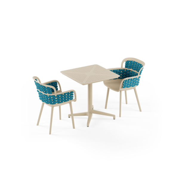 Bej Gövde Mavi Örgülü Sandalye ile 2 Kişilik 70x70 cm Katlanır Bahçe Masa Sandalye Takımı – Otel, Restaurant, Kafe & Dış Mekan Kullanımı