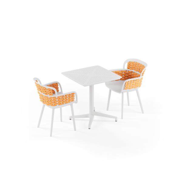 Beyaz Gövde Turuncu Örgülü 2 Kişilik Katlanır Bahçe Masa Sandalye Takımı 70x70 cm | Dış Mekan, Balkon, Teras, Cafe, Restoran Seti
