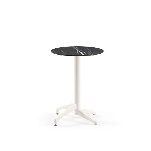 Compact Yuvarlak Masa - 60 cm Siyah Mermer Desenli, Beyaz Ayaklı, Paslanmaz, Dayanıklı Bahçe ve Kafe Masası