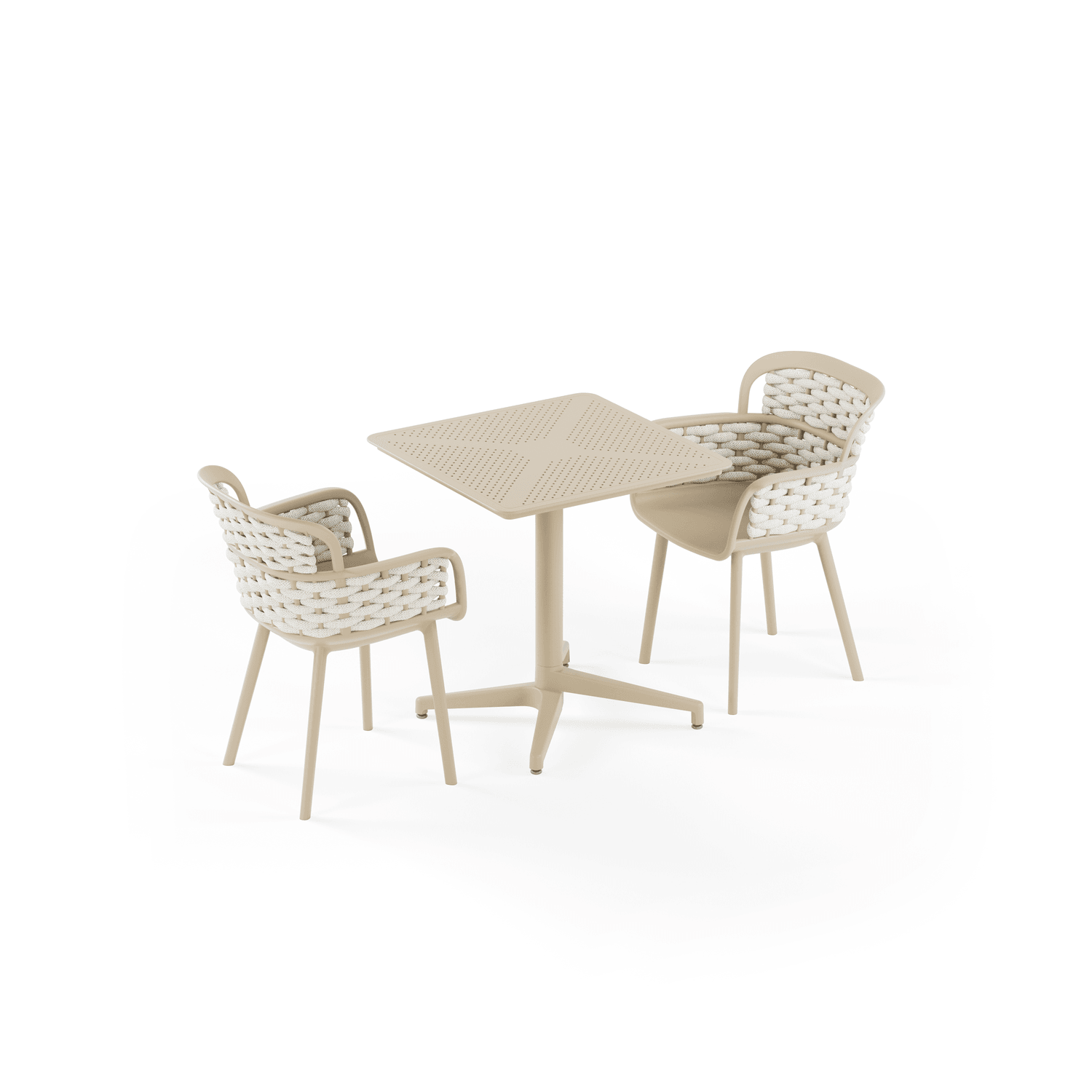 Bej Renk 2 Kişilik Dış Mekan Bahçe Masa Sandalye Takımı | 70x70 cm Sabit Masa + 2 Örgülü Sandalye | Balkon Teras Cafe Restoran Otel Kullanımına Uygun