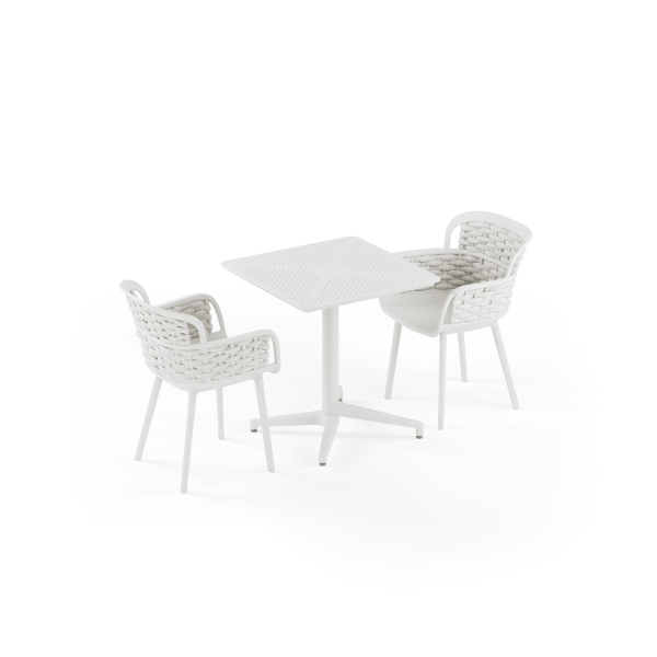 Beyaz Gövdeli Bej Örgülü 2 Kişilik Dış Mekan Bahçe Masa Sandalye Takımı 70x70 cm Sabit Masa Seti Otel Restaurant Cafe Kafe Balkon Teras Veranda