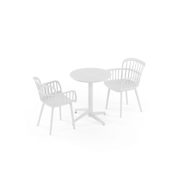 Beyaz 2 Kişilik Dış Mekan Bahçe Masa Sandalye Takımı 60 cm Yuvarlak Sabit Plastik Masa Seti | Otel, Cafe, Restaurant, Balkon, Teras, Mutfak İçin Dayanıklı & Şık