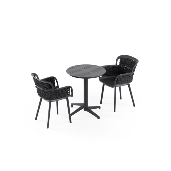 Siyah Gövde Siyah Örgülü 2 Kişilik Yuvarlak Dış Mekan Bahçe Masa Sandalye Takımı | 60 cm Sabit Masa | Otel, Restaurant, Cafe, Balkon, Teras İçin Dayanıklı Set