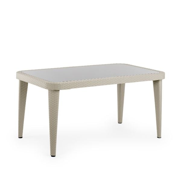Bej 90x150 Rattan Bahçe Masası Camlı Plastik Dış Mekan