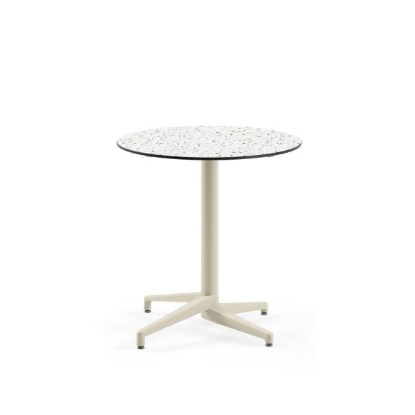 Compact Mutfak ve Bahçe Masası | Paslanmaz, Bej Ayaklı, Compact Terrazzo Laminat Mermer Desenli Üst | 77 cm Yuvarlak Masa | Dayanıklı, Kolay Temizlenebilir
