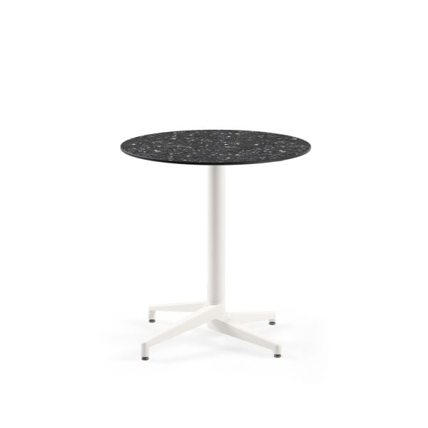 Compact Açık Hava Masası | 77 cm Yuvarlak Terrazzo Mermer Desenli Masa Üstü | Paslanmaz Beyaz Ayaklı | Dış Mekan Bahçe, Balkon, Kafe, Restoran ve Otel Kullanımı İçin Dayanıklı Masa