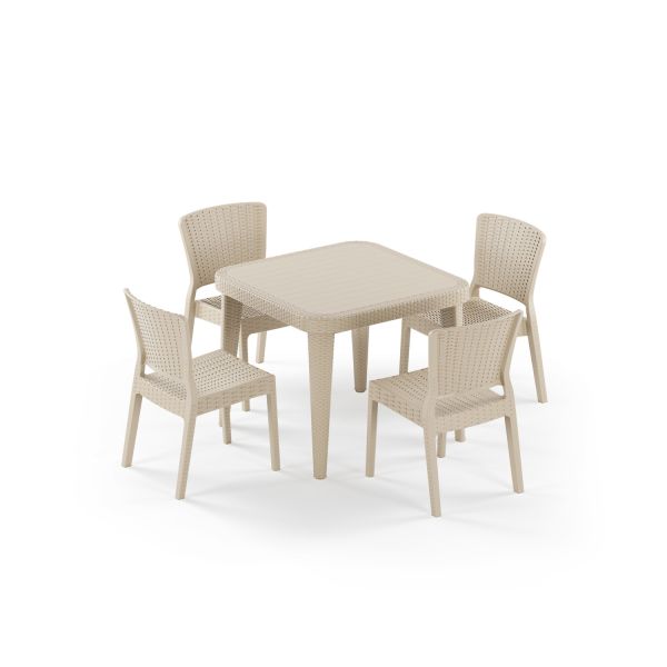 Bej 4 Kişilik Bahçe Masa Sandalye Takımı 90x90 cm