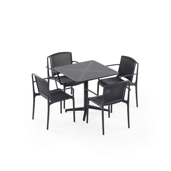 Antrasit Dış Mekan Bahçe Masa Sandalye Takımı 4 Kişilik 80x80 cm Sabit Masa Kollu Sandalye Seti – Otel, Restaurant, Cafe, Balkon ve Teras Kullanımı