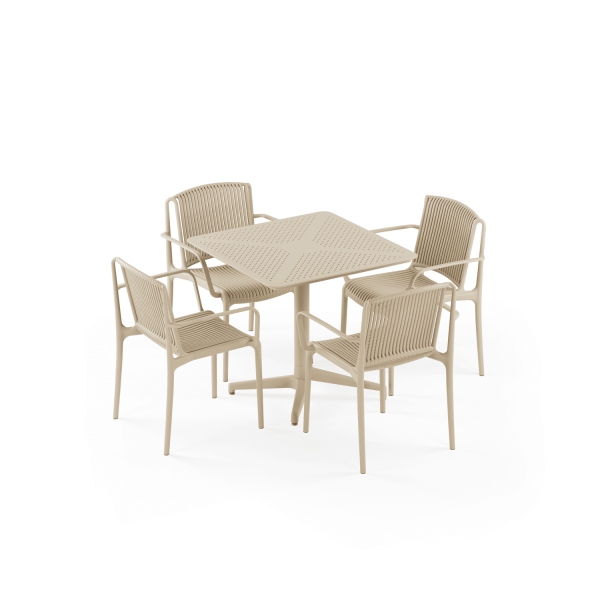 Bej Renk 4 Kişilik Dış Mekan Bahçe Masa Sandalye Takımı 80x80 cm – Sabit Masa & Kollu Sandalye Seti | Otel, Restaurant, Cafe, Balkon, Teras İçin Dayanıklı ve Şık