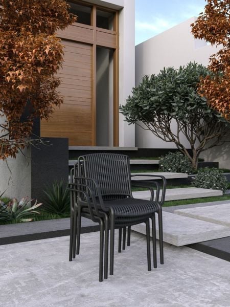 Siyah 4 Kişilik Bahçe Masa Sandalye Takımı | 80x80 cm Sabit Masa + 4 Kollu Sandalye | Dış Mekan, Balkon, Teras, Cafe, Restoran, Otel Kullanımına Uygun | Paslanmaz, Dayanıklı