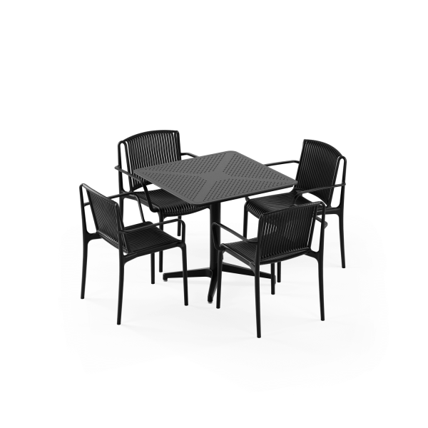 Siyah 4 Kişilik Bahçe Masa Sandalye Takımı | 80x80 cm Sabit Masa + 4 Kollu Sandalye | Dış Mekan, Balkon, Teras, Cafe, Restoran, Otel Kullanımına Uygun | Paslanmaz, Dayanıklı