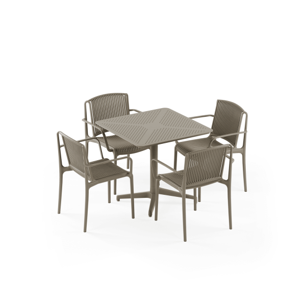 Vizon Renk 4 Kişilik Dış Mekan Bahçe Masa Sandalye Takımı | 80x80 cm Sabit Masa ve Kollu Sandalye Seti | Otel, Restaurant, Cafe, Balkon, Teras Kullanımı