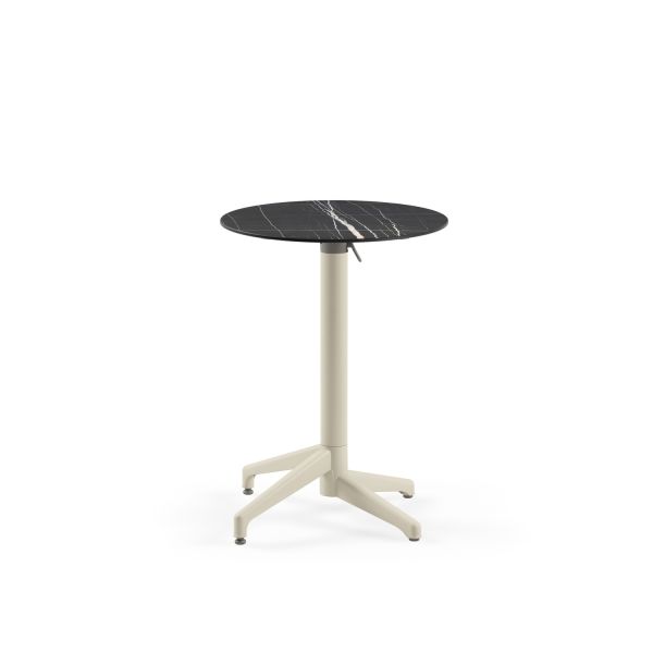 Compact Katlanır Kafe Masası 60 cm – Siyah Mermer Desenli, Bej Ayaklı, Paslanmaz, İç ve Dış Mekan Kullanımına Uygun, Bahçe, Balkon, Cafe, Restoran, Otel, Dayanıklı ve Şık Tasarım