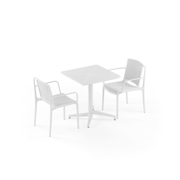 Beyaz 2 Kişilik Dış Mekan Bahçe Masa Sandalye Takımı | 70x70cm Sabit Masa + Kollu Sandalyeler | Cafe, Restoran, Balkon, Teras Uyumlu | Paslanmaz, Yerli Üretim