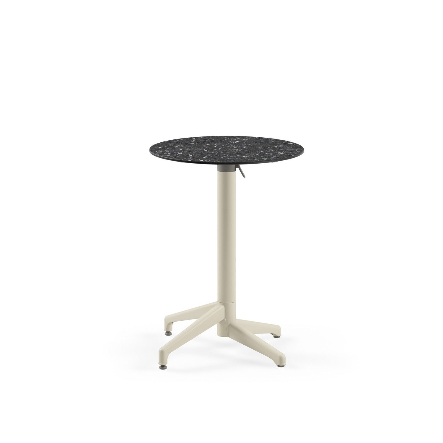 Compact Katlanır Cafe Masası - 60 cm Çap, Paslanmaz, Bej Renk Terrazzo Mermer Desenli Üst Tabla, Dayanıklı ve Şık, İç/Dış Mekan Bahçe Masası