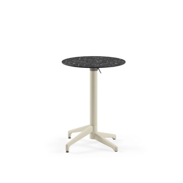 Compact Katlanır Cafe Masası - 60 cm Çap, Paslanmaz, Bej Renk Terrazzo Mermer Desenli Üst Tabla, Dayanıklı ve Şık, İç/Dış Mekan Bahçe Masası