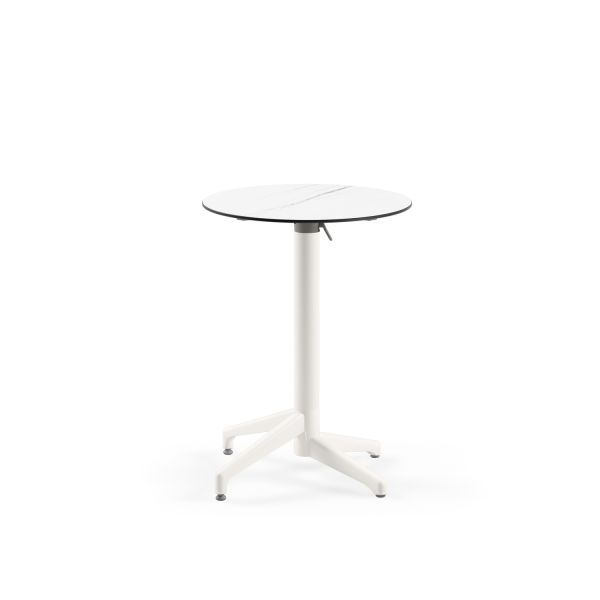 Compact Katlanır Cafe Masası - Beyaz Mermer Desenli Laminat Üst, Paslanmaz, Yuvarlak, Dış Mekan Bahçe ve İç Mekan Kullanımı İçin - 60 cm Çap