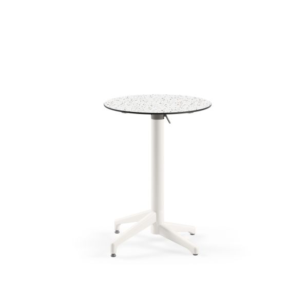 Compact Katlanır Açık Hava Cafe Masası - Terrazzo Mermer Desenli, Paslanmaz, Yuvarlak, Beyaz Ayaklı, Dış Mekan ve İç Mekan Kullanımı için