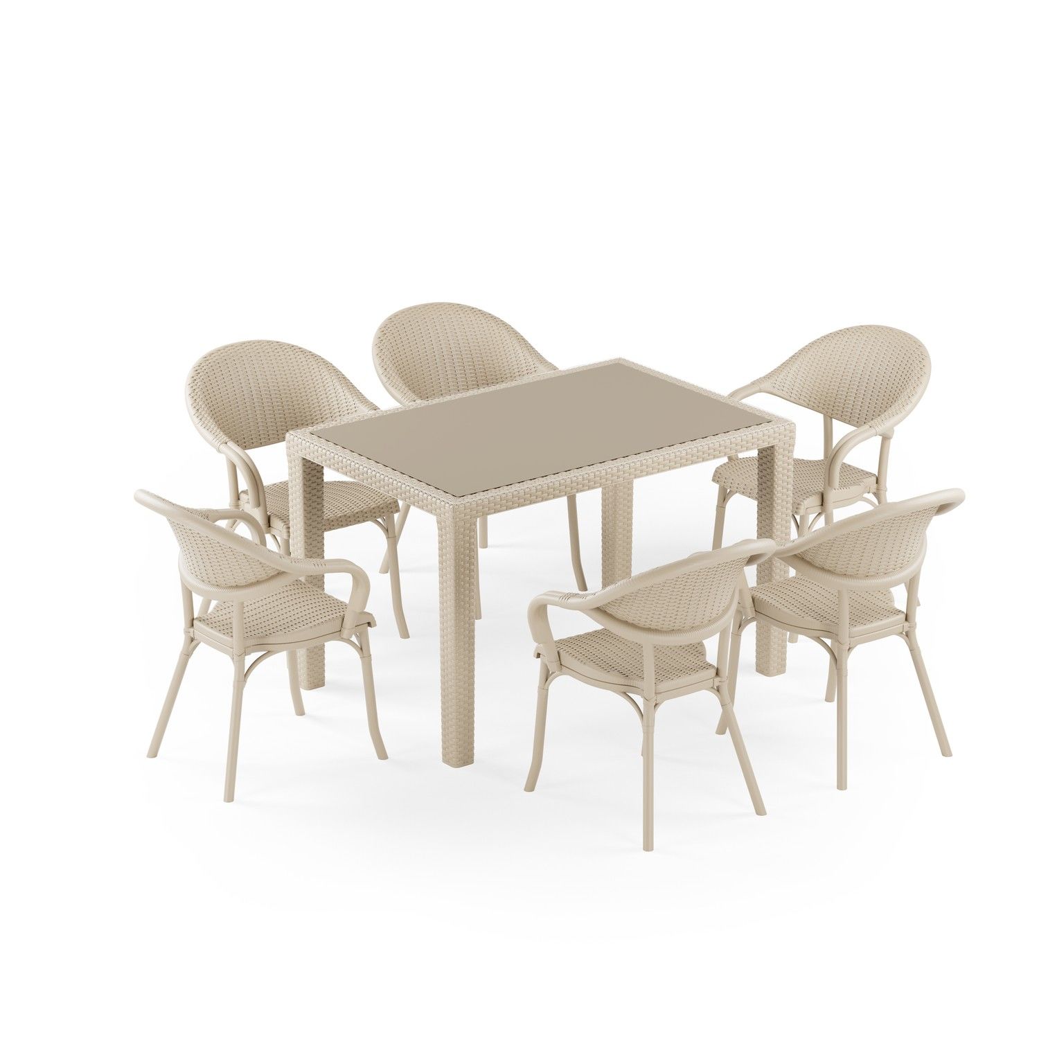 6 Kişilik Bej Rattan Bahçe Masa Sandalye Plastik 80x120