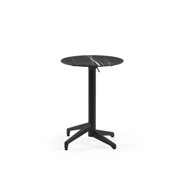 Compact Katlanır Açık Alan Kafeterya Masası - Siyah Mermer Desenli, Paslanmaz, 60 cm Yuvarlak, Dış Mekan Kullanımına Uygun