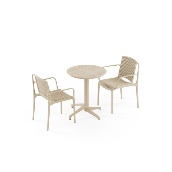 Bej Renk 2 Kişilik Bahçe Masa Sandalye Takımı 60 cm Yuvarlak Sabit Masa Kollu Sandalye Seti Dış Mekan Balkon Teras Kafe Otel Restaurant Cafe Mutfak Kullanımına Uygun