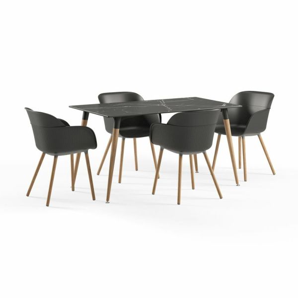 Isıya Ve Çizilmeye Karşı Çok Dayanıklı Örtü Sermeden Kullanılır Siyah Compact Mermer Otel Masa Sandalye Takımı 140x80.cm