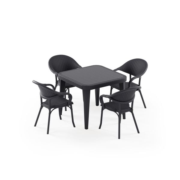 Antrasit Bahçe Restoran Masa Sandalye Takımı 4 Kişilik 90x90