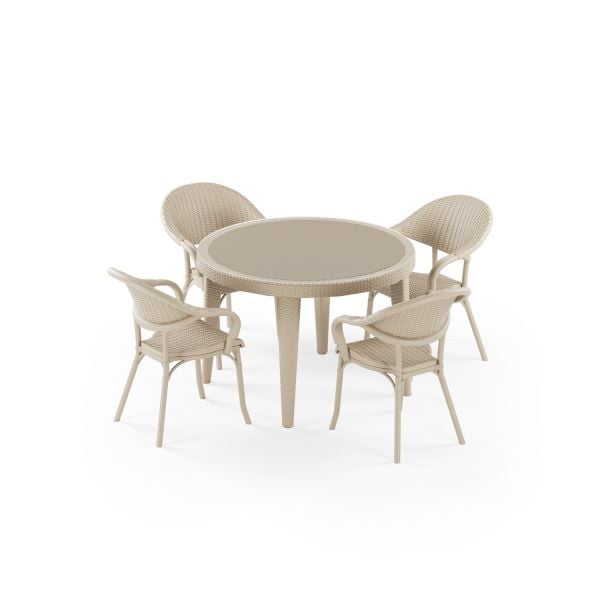 Bej Yuvarlak Bahçe Masa Sandalye Takımı 4 Kişilik 110 cm