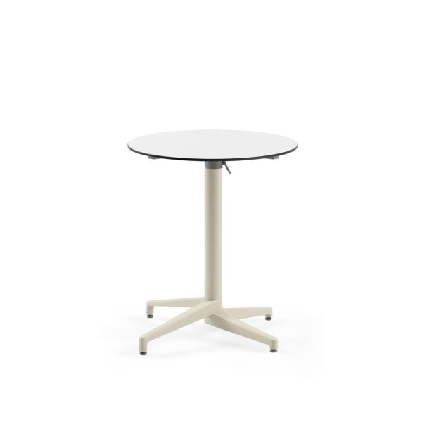 Compact Katlanır Paslanmaz Bahçe Masası - 70 cm Yuvarlak Beyaz Laminat Üst, Bej Renk Ayak, Dış Mekan İçin Dayanıklı ve Kolay Temizlenebilir Masa