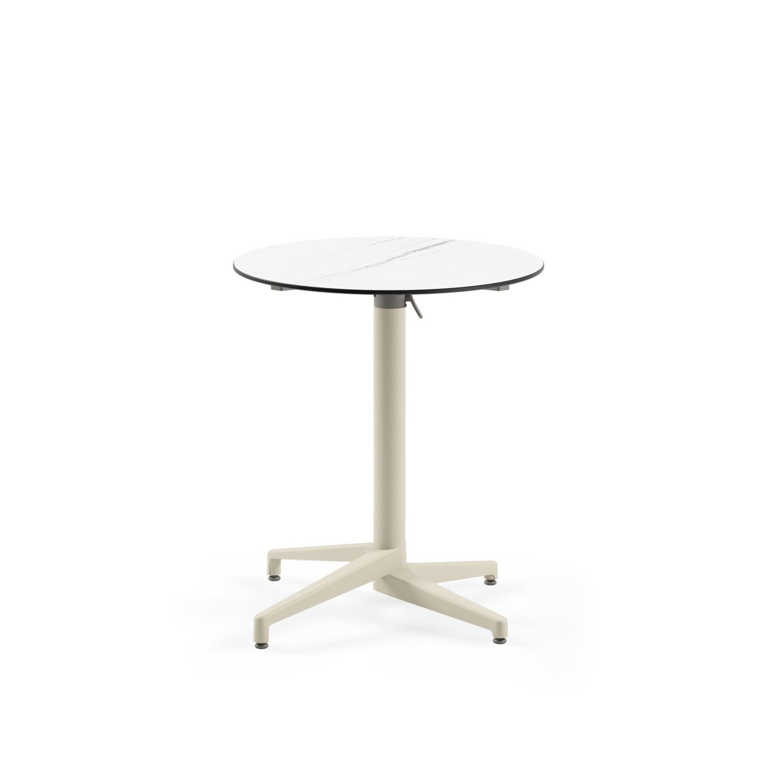 Compact Katlanır Paslanmaz Kafe Masası 70 cm Çap Beyaz Mermer Desenli Üst Tabla, Bej Renk Ayaklı, Dış Mekan ve İç Mekan Kullanımı, Dayanıklı, Çizilmeye Karşı Sağlam