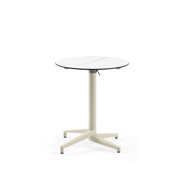 Compact Katlanır Paslanmaz Kafe Masası 70 cm Çap Beyaz Mermer Desenli Üst Tabla, Bej Renk Ayaklı, Dış Mekan ve İç Mekan Kullanımı, Dayanıklı, Çizilmeye Karşı Sağlam