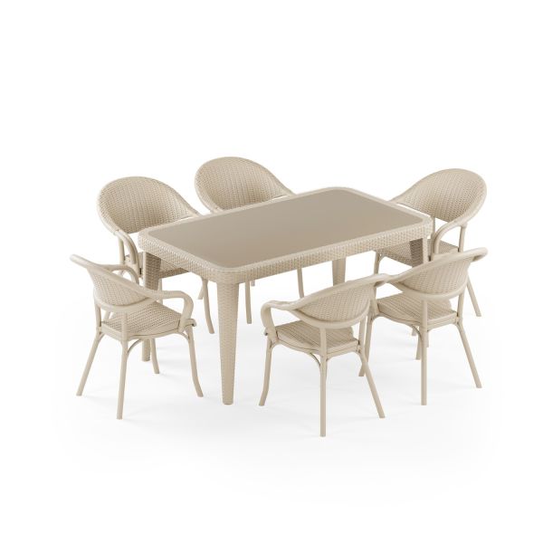 Bej 6 Kişilik Dikdörtgen Bahçe Masa Sandalye Takımı 90x150